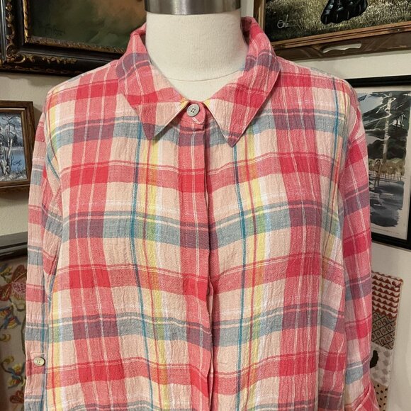 Soft Surroundings Womens Red Plaid Linen Button-Up Long Sleeve Shirt Size 3X - Picture 2 of 11